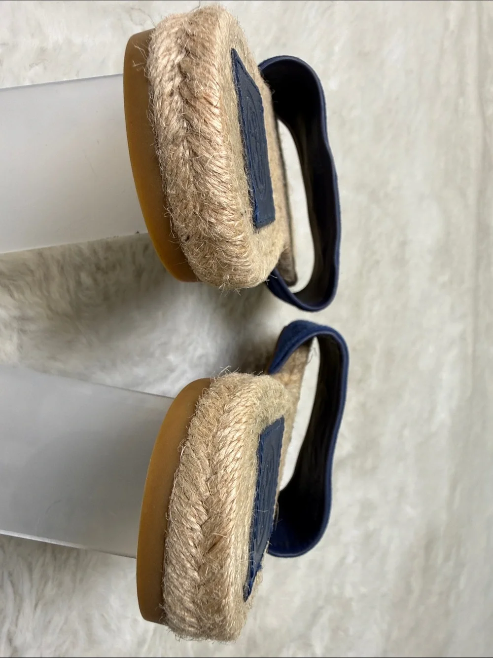 Tory Burch Benton Kid Suede Open Toe Espadrille Slide Navy 7.5 Embossed Logo